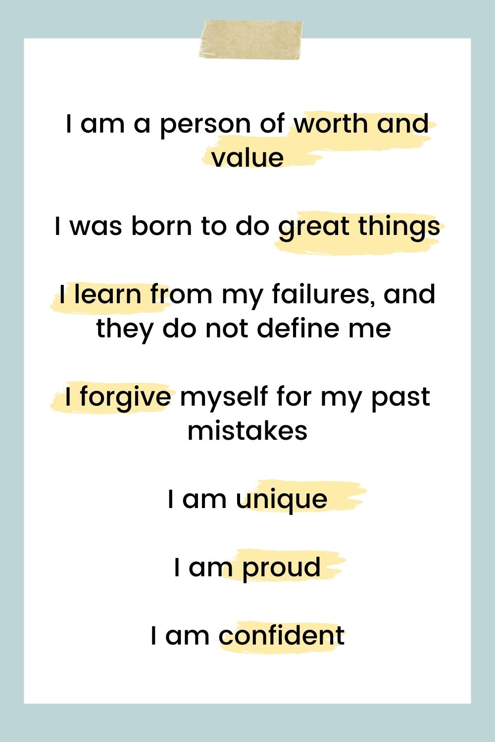 An image with a list summarizing the affirmations for self-worth