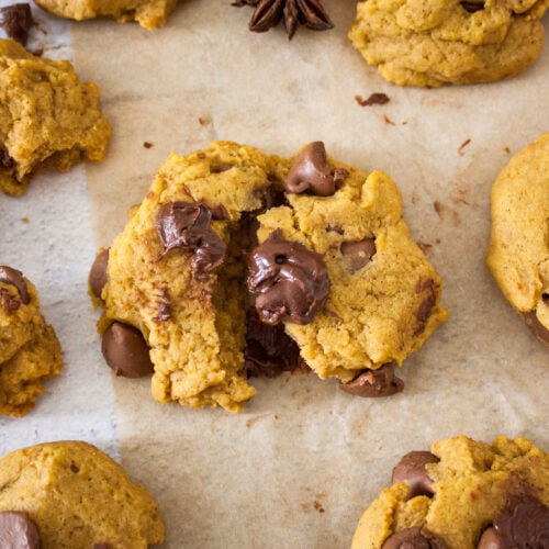 Close up photo of a pumpkin chocolate chip cookie