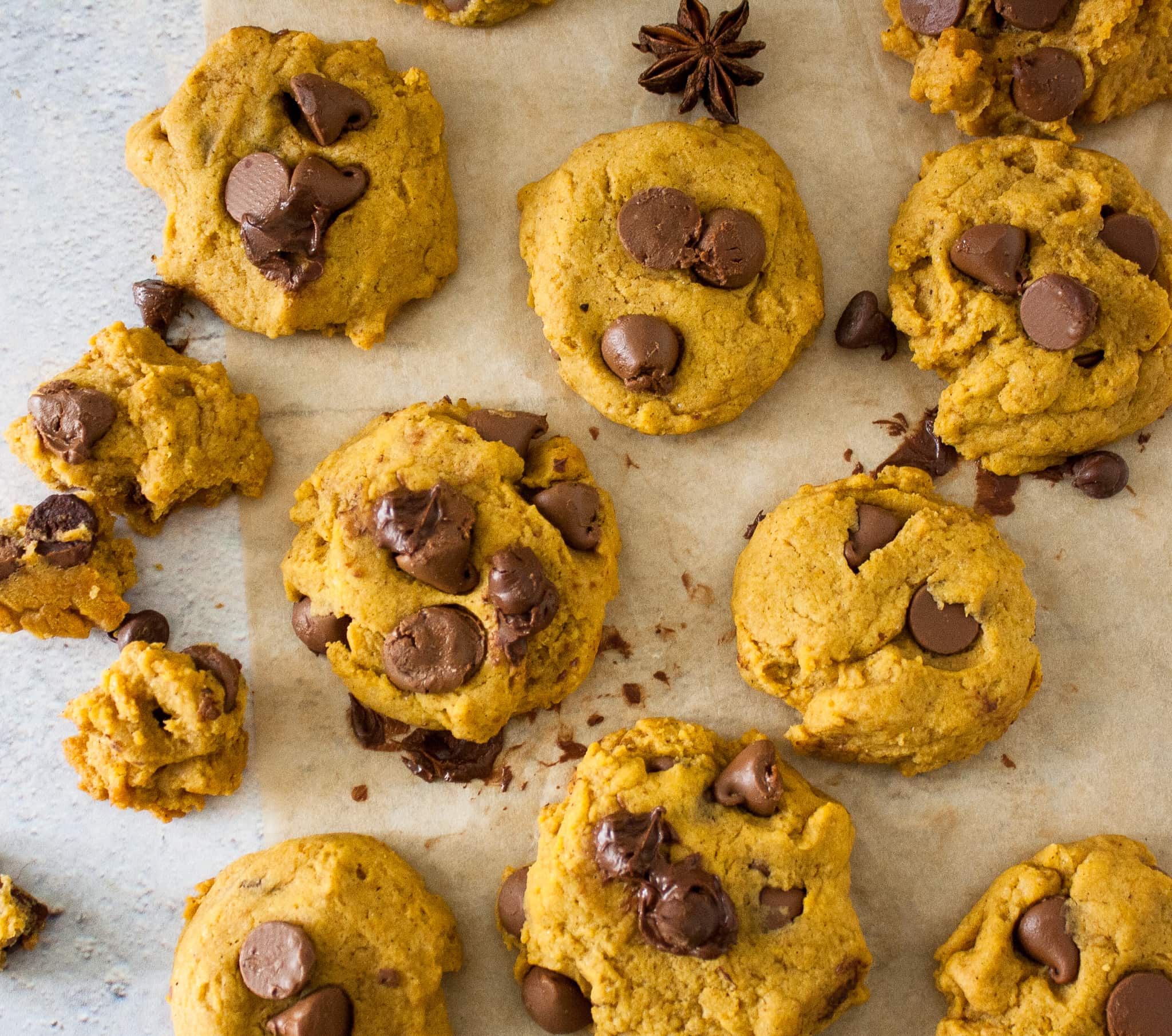 Photo of a batch of vegan pumpkin chocolate chip cookies